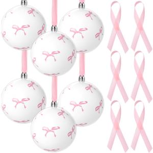 12 Pcs Pink Bow Coquette Christmas Tree Ornaments Balls 2.4 Inch Pink White Christmas Tree Hanging Ornaments Plastic Ball with Ribbon for Xmas Tree Winter Bachelorette Party Holiday Home Decorations