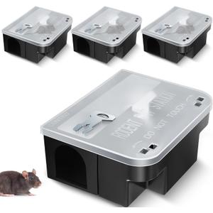 Qualirey 4 Pcs Rat Bait Station 8.86 x 7.28 x 3.62 Inches Rat Traps with Openable Lid, Blocks Boxes with Keys for Big Mouse, Keeps Children and Pets Safe Indoor & Outdoor, Bait Not Included (Clear)