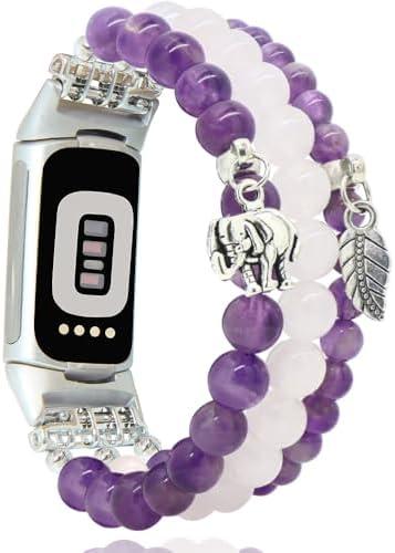 C&L Accessories Compatible with Fitbit Charge 6/5 Natural Gemstone Beaded Handmade Adjustable Bracelet Replacement Band for Women