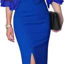 CHICME Bodycon Midi Dress for Women Mesh Puff Sleeve Slit Work Cocktail Wedding Dresses with Belt (Blue, M)