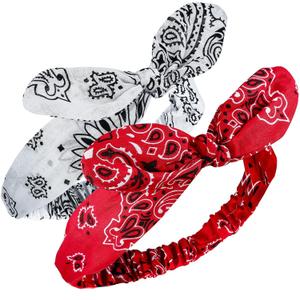 2 Pieces Bandana Headband for Women, Knot Retro Print Bandana Paisley Print Headband Adjustable Headwrap(Red, White)