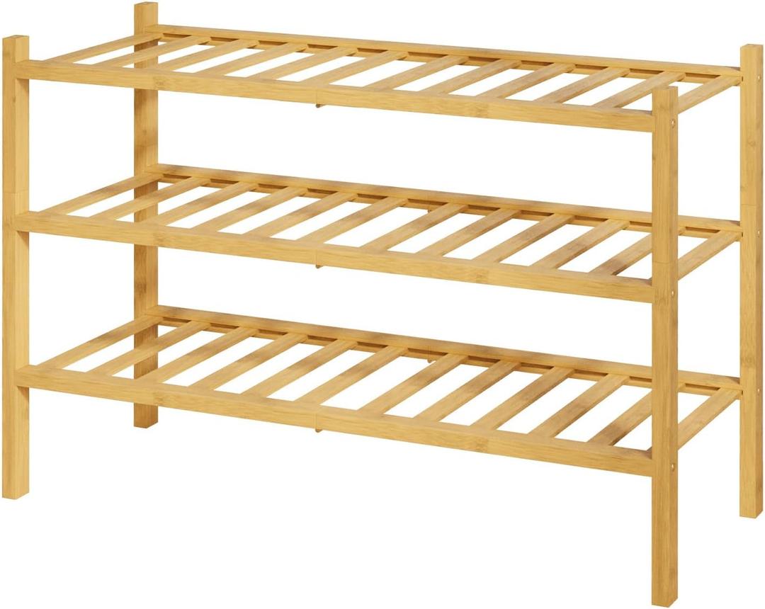 Kitsure Bamboo Wooden Shoe Rack for Closet - Stackable Shoe Organizer with Modular Structure, Space-Saving Shoe Shelf for Entryway, Living Room, Bedroom, 26.8" x 11" x 18.9", Natural