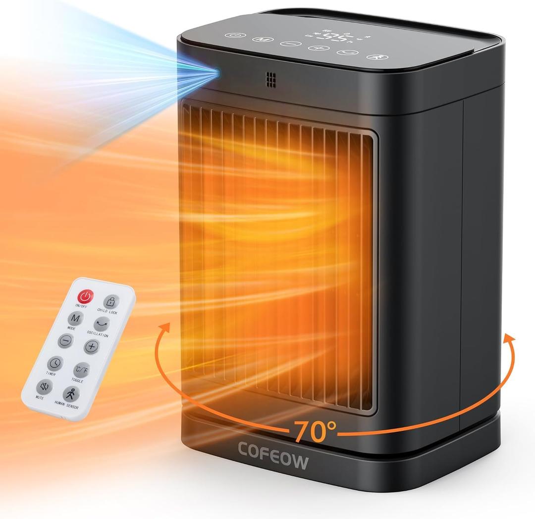 XHK Space Heaters with Motion Sensor,Portable heaters for Indoor Use,Electric Small Heaters for Large Room Bedroom Office Garage Desk,1500W Ceramic Heating with Remote,Oscillating,Timer,Thermosta (10")