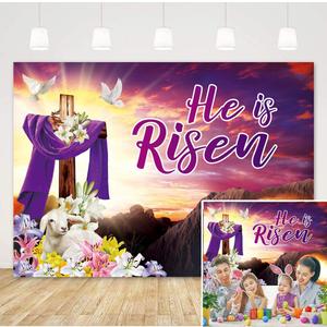 He is Risen Backdrop Happy Easter Day Decorations for Photography Jesus Resurrection Moutain Banner Spring Easter Party Photo Props Supplies (7X5FT)