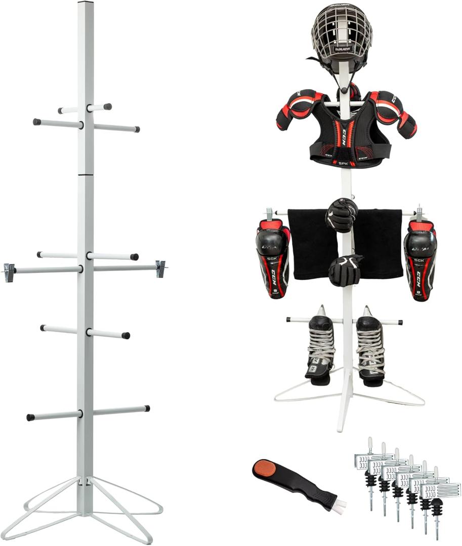 Ceaz Hockey Gear Drying Rack - Metal Tree Dryer Stand for Hockey Equipment - Organizer to Dry and Store Sports Gear - Includes Skate Sharpening Tool and 6 Hanging Clips
