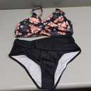 Fanuerg Women High Waisted Bikini Sets V Neck Cross Twist Front Two Piece Swimsuit Tummy Control Bathing Suit (Large, Black Floral)