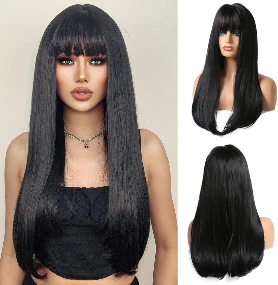Esmee Long Straight Black Wigs for Women Natuaral Synthetic Layered Hair Brunette Wig with Fringe for Daily Party Cosplay Use-26 Inches