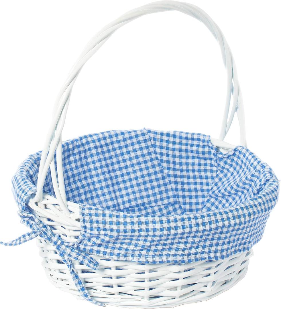 White Round Willow Wicker Gift Basket with Blue Gingham Liner & Handle, Medium Decorative Foraging, Picnic, Storage Basket