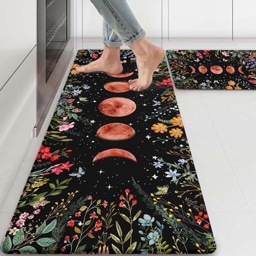 Zussun Kitchen Rug Mats for Floor Cushioned Anti Fatigue Black Kitchen Rugs Sets of 2 Moon Garden Floral Non Slip Waterproof Comfort Memory Foam Standing Floor Mat for Office Laundry Sink Desk