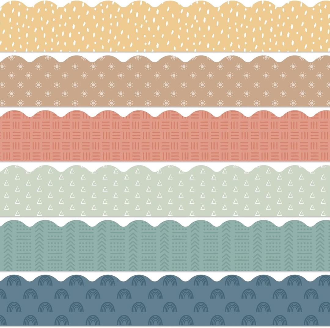 72Pcs 70.8Ft Modern Boho Bulletin Board Border Decoration Colorful Classroom Border Trim Boho Scalloped Borders Stickers Bulletin Board Decors for Classroom School Home Office Wall Chalkboard Decor