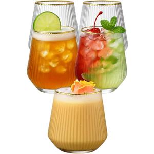 40 count 12 Ounce Ribbed Cups Origami Unbreakable Stemless Plastic Champagne Whiskey Glasses Elegant Durable Disposable Indoor Outdoor Ideal for Home, Office, Bars, Wedding, Ripple (Gold Rim)