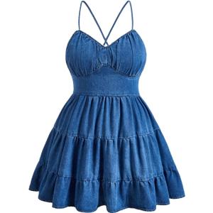 SweatyRocks Women's Plus Size Denim Dress Sleeveless Lace Up Backless Flared Ruffle Jean Dress (XX-Large Plus)