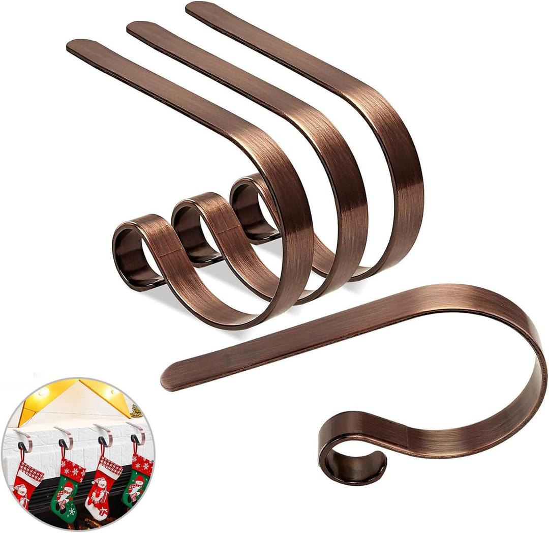 Christmas Stocking Holders for Mantle Set of 4, Lightweight Adjustable Christmas Stocking Holder Hooks Metal Fireplace Hanger for Christmas Party Decoration, Non-Slip Mantle Stocking Hooks(Red Bronze)