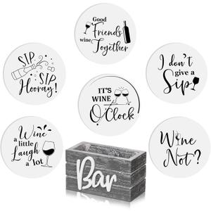 Wine Gifts Coasters for Women Set of 6 Wine Accessories for Lovers House Warming Gifts New Home Funny Cocktail Coasters with Holder for Adults Bar Party, 4 Inch(Gray)