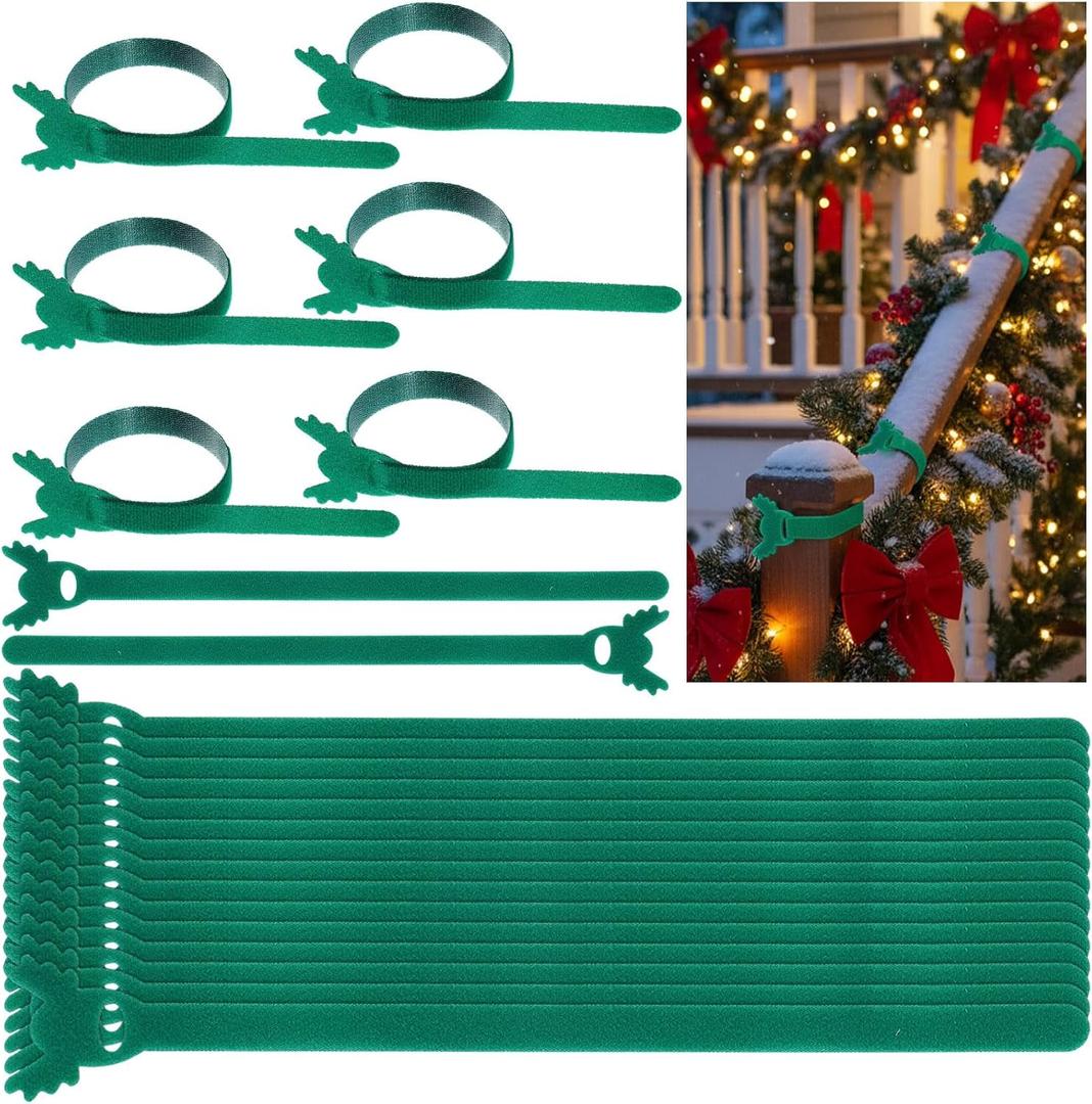 Yinder 50 Pcs Christmas Elk Garland Ties for Banister Adjustable Banister Garland Ties Green Holiday Cable Straps 12" Nylon Stocking Holders for Christmas Tree Wreath Stairways Railings Decoration