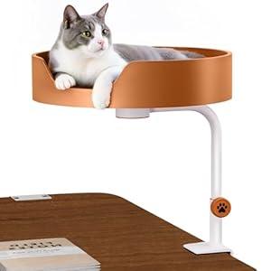 Clioran Cat Desk Bed Large Perch Nest with Teaser Easy Install, Space Saving Mount Design, Sturdy Frame, Removable Cushion, Clamp Desktop Attachment Hammock for Home Office, Side Table(White and Coffee)