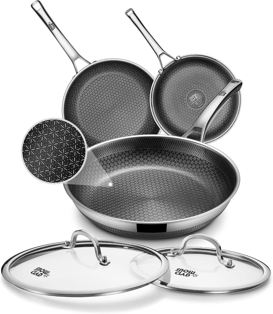 Non Stick Frying Pans with 2 Lids, 8+10+12 inch, Hybrid Frying Pans Set Nonstick, Skillets Stainless Steel Fajita, Dishwasher & Oven-Safe, Induction Compatible Cooking Pan, PFOA Free Cookware