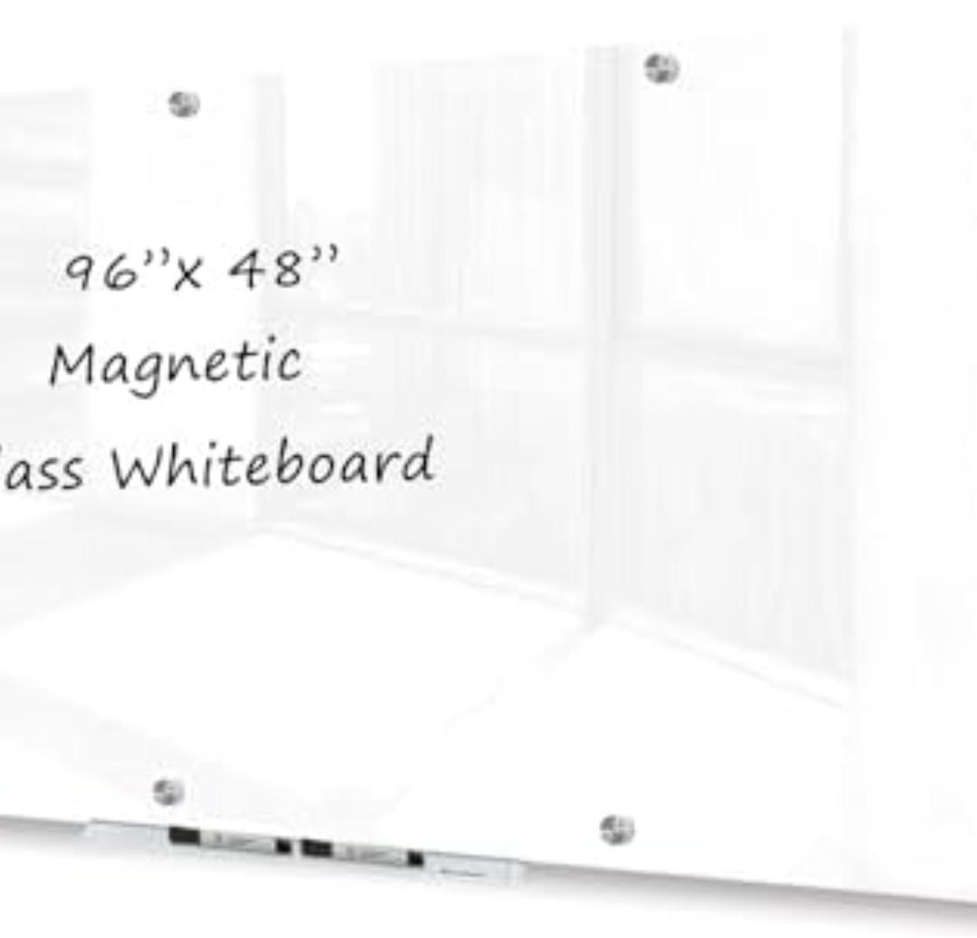 J&J worldwide Magnetic Glass Whiteboard 96x48 Inch Ultra White, Frameless Tempered Glass Dry Erase Board Wall Mounted Includes Markers, Eraser, Magnets, Mounting Kit for Office Home& School
