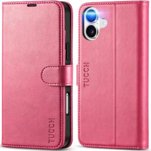 TUCCH Wallet Case for iPhone 16 Plus, Flip Wallet PU Leather Magnetic Protective Cover with [RFID Blocking] [4 Card Slots] Stand [TPU Interior Case] Compatible with iPhone 16 Plus, Hot Pink