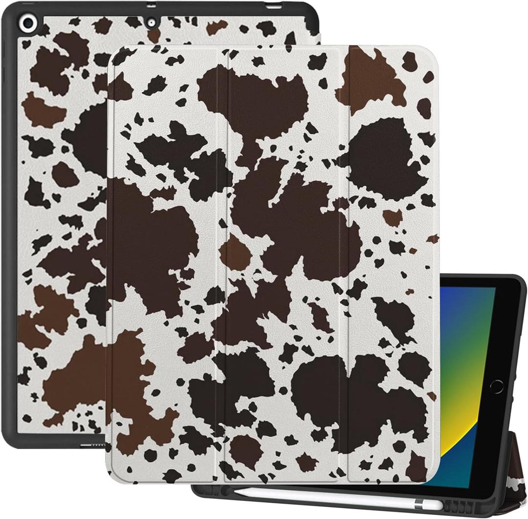 Deokke Compatible with iPad 10.2 inch Case,9th /8th /7th Generation Case(2021/2020/2019) with Pencil Holder Soft TPU Back Auto Sleep/Wake Cover,Cute Aesthetic for Girls Women-Cowhide Cow