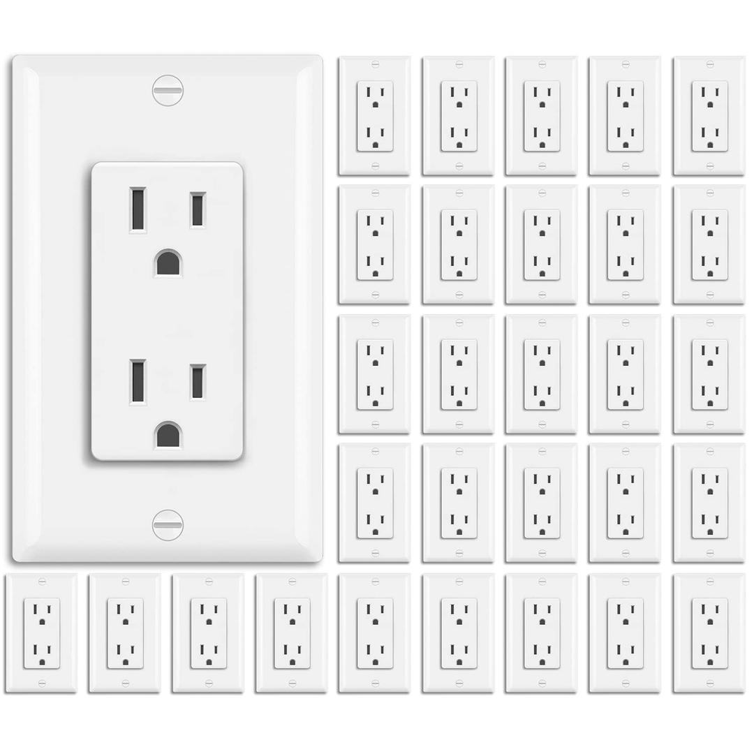 BESTTEN 30 Pack 15 Amp Decorator Receptacle Outlet, Decor Standard Electrical Wall Outlet, Residential and Commercial Use, Non-Tamper-Resistant, 15A/ 125V/ 1875W, Wallplate Included, UL Listed, White