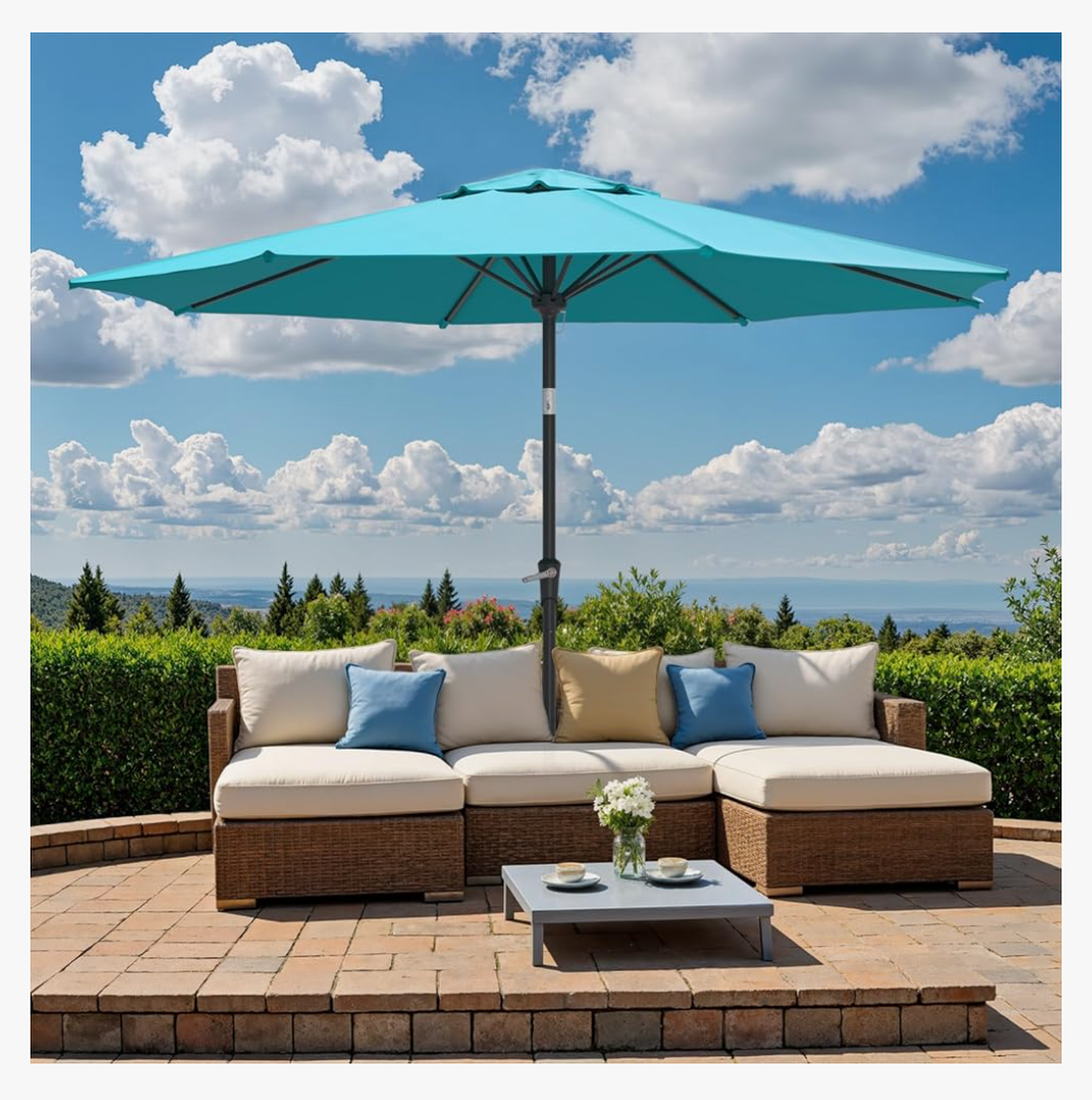 Outdoor Patio Umbrella, Table Umbrella with Push Button Tilt and Crank, 8 Ribs Market Umbrella