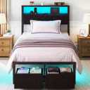 Twin Bed Frame with LED Lights, Charging Station & 2 Storage Drawers, Metal Platform with Upholstered Headboard, No Box Spring Needed, Easy Assembly