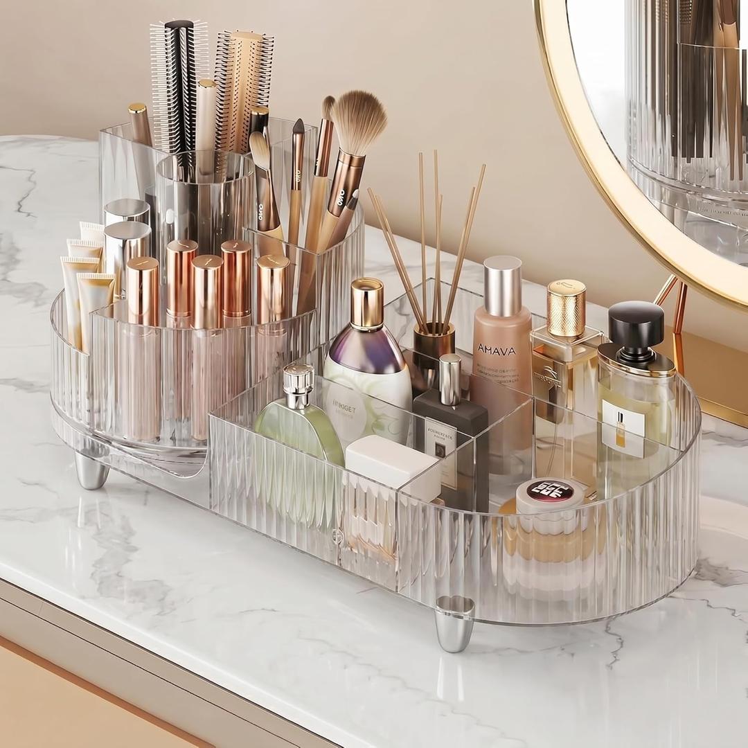 Booklov Rotating Makeup Organizer for Vanity, Large Capacity Cosmetic Display Case, Clear Acrylic Countertop Beauty Storage Holder for Skincare, Brush Eyeshadow Lipstick, Counter Desk, Crystal Clear