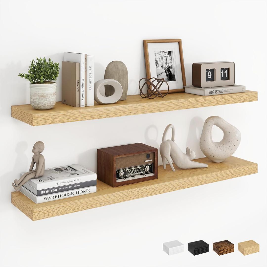 Dreamland 36Inch Floating Shelves for Wall, Rustic Wooden Floating Shelves for Bathroom|Bedroom|Kitchen, 2 Pack Deep Wall Mounted Book Shelf, Wood Storage Display Shelf for Home Decor, 36"W x 6.5"D , Oak