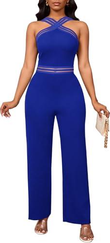 Bdwinz Sexy Halter Summer Jumpsuits for Women Elegant Backless Rompers Wide Leg One Piece Outfits for Women, Bright Blue, Large