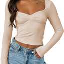 Women Sweetheart Neckline Basic Fitted Tops Long Sleeve Going Out Crop Tops Ruched T Shirts (Brown, M)