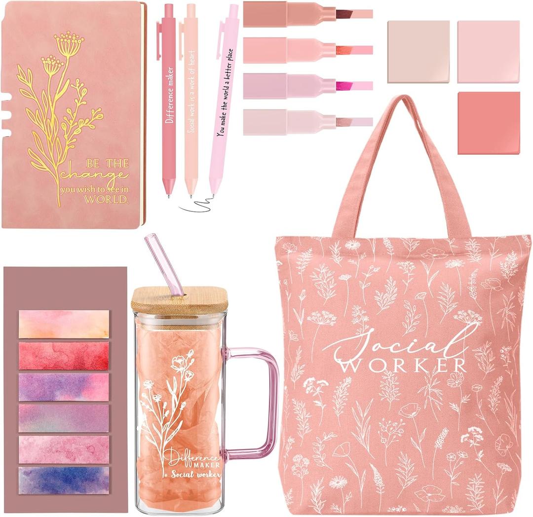 15 Pcs Social Worker Appreciation Gifts 16 oz Glass Cup Canvas Bag Notebook Ballpoint Pen Sticky Note Thank You Gifts for Women Coworker Bsw Msw Dsw Lcsw Volunteer Office Supplies(Pink)