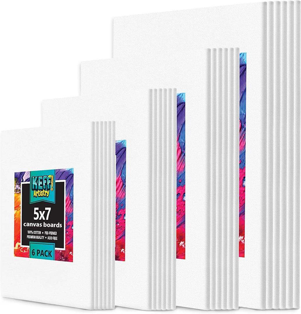 KEFF 24-Pack Canvas for Painting, 6 of 5x7, 8x10, 9x12,11x14 Painting Canvas Boards, Art Supplies for Adults & Kids - 100% Cotton Primed Canvases for Painting Acrylic, Oil, Watercolor, 24 Pack - 6 of Each, 5x7, 8x10, 9x12, 11x14