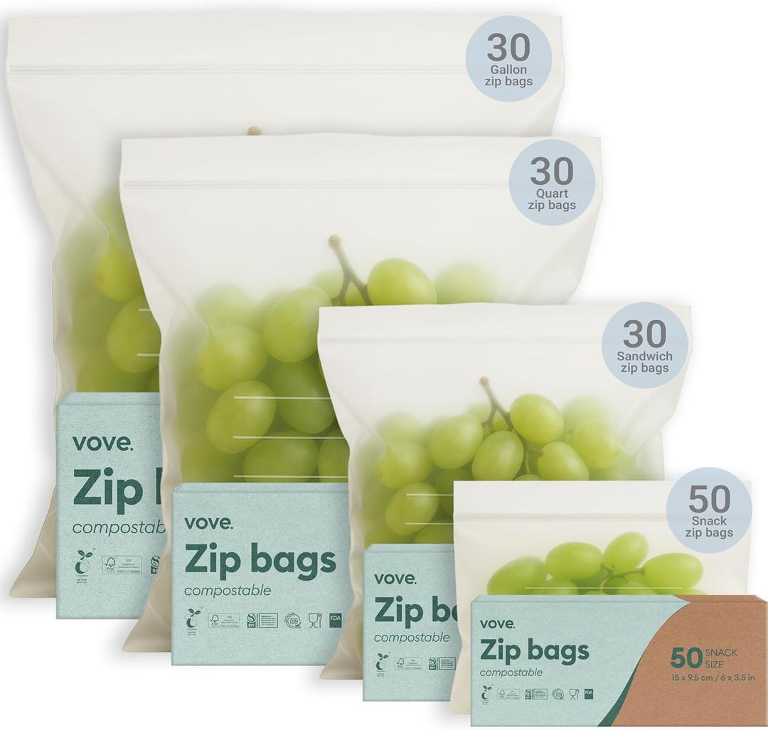 Compostable Zip Bags 140-Pack | Multi-Size Biodegradable Food Storage Bags | PLA PBAT Eco-Friendly | Certified Sustainable Kitchen Storage | Zero Waste