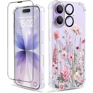 for iPhone 17 Case,[3 in 1] with Screen Protector & Camera Lens Protector, Flower Pattern Design,Clear Soft Shockproof Slim Floral Phone Cover for Women Girls 2025 6.3" (Mallow/Pink)
