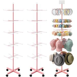 Ripeng 2 Pack 5-Tier Rotating Retail Display Stand, Adjustable Spinning Rack with Wheels for Jewelry Earrings Keychains Craft Shows Vendor Events, Pink