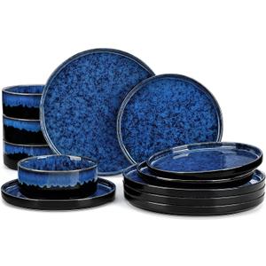 vancasso Starry Plates and Bowls Sets,12 Pieces Blue Dinnerware Sets for Kitchen,Modern Stoneware Dishes Set for 4,Dishwasher and Microwave Safe