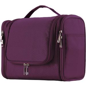 Buruis Hanging Toiletry Bag for Women and Men, Large Water-Resistant Makeup Organizer with Sturdy Hook, Lightweight Nylon Dopp Kit for Full-Sized Toiletries & Cosmetics, Purple