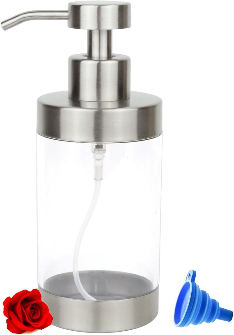 Foaming Soap Dispenser with Clear Bottle, 12oz Stainless Steel Hand Pump Dispenser, Stainless Steel Shell with Acrylic Liner Refillable Pump Bottle (12oz/350ml) (Brushed Nickel-f)
