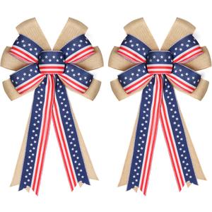 2 Pcs 4th of July Decor Bow for Wreath,Red White Blue Stripe Stars and Burlap Tree Topper Bows for Patriotic,Independence Day,Memorial Day,Veteran's Day,Outdoor Decorations