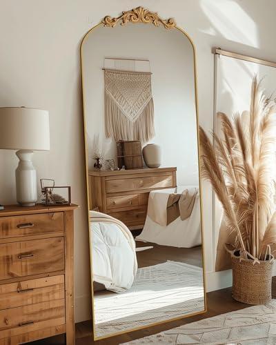 Furnbar Arched Full Body Mirror, 71"x28" Large Floor Standing Mirror with Carved Metal Frame for Bedroom&Dressing Room, Gold