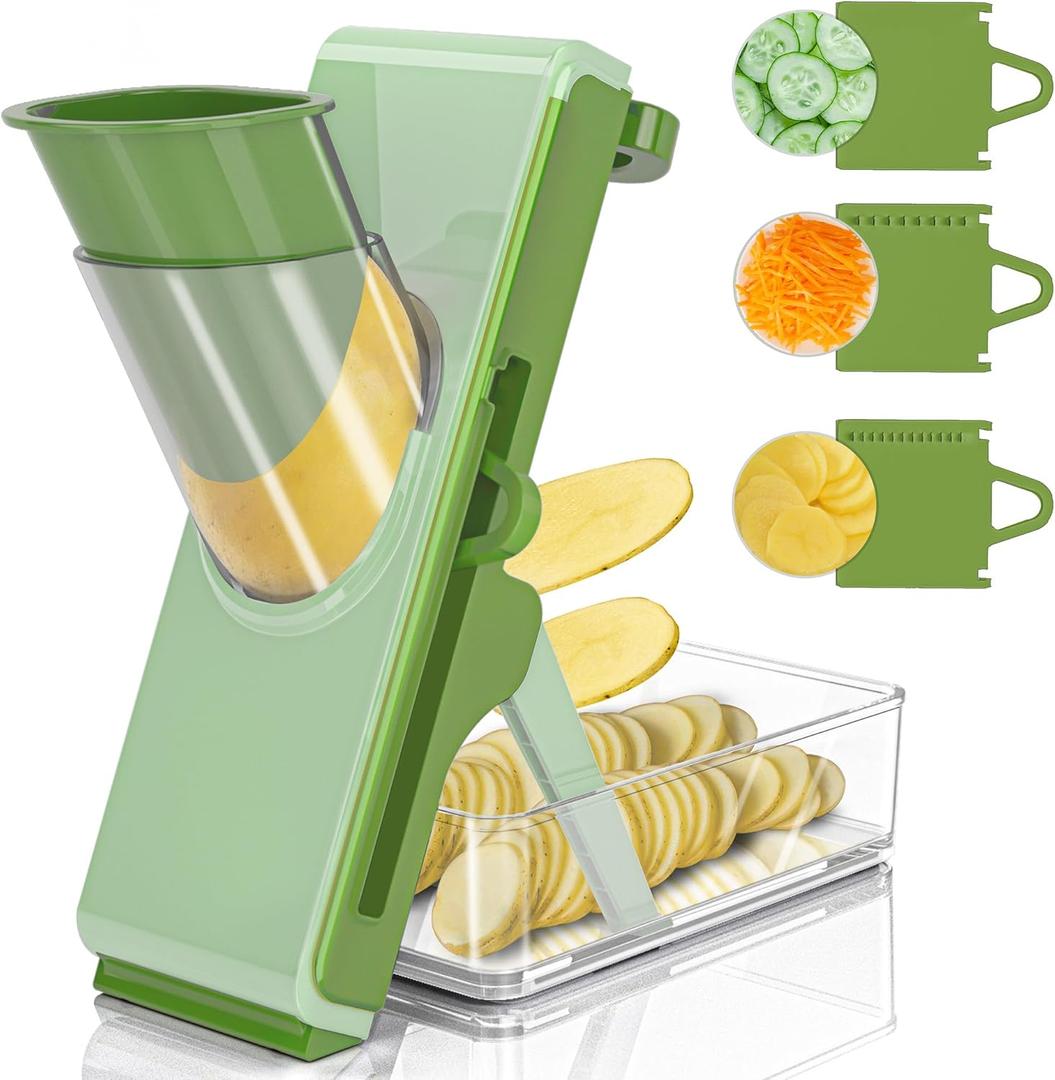 Mandoline Slicer for Kitchen, Mandoline Slicer Safe Multifunctional Dicer Adjustable Commercial Slicer Machine Stainless Steel Chopper (Standard, Deep Light Green)