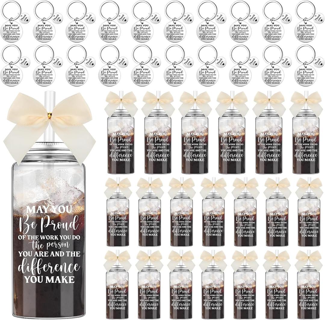 Skylety 20 Pcs 20 Set Teacher Employee Appreciation Gifts Bulk 13.5 oz Plastic Cup with Lid Straw Inspirational Keychain Birthday Gift for Coworker Administrative Assistant (Cream,May You Be Proud)