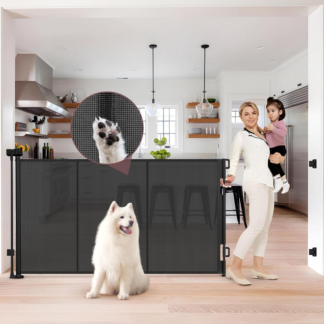Reinforced 41 Inch Extra Tall Retractable Baby Gates 80" Wide Retractable Dog Gate with Support Rods  Prevents Crawling Under, Indoor Long Baby Gate Retractable Gate Outdoor Extra Tall Dog Gate/Black