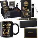 Shellwei 6 Pcs Christian Gift for Men Pastor 11 oz Mugs Leather Bible Notebook Pen Metal Bookmark Greeting Card Box Religious Gifts for for Sunday Pastors Birthday Church(Man of God,Black)