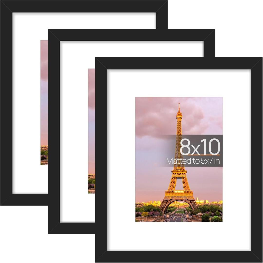 Upsimples 8x10 Picture Frame Set of 3, Made of High Definition Glass for 5x7 with Mat or 8x10 Without Mat, Wall Mounting Photo Frames, Black