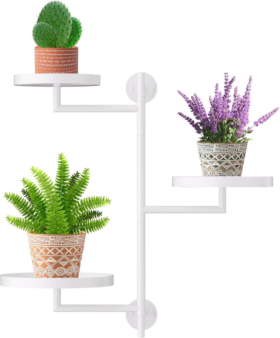 Window Rotating Plant Stand Shelf Indoor White Metal Floating Shelves 3-Tier Wall Mount Plant Holders for Living Room Wall Planter Modern Home Decor for Gardening