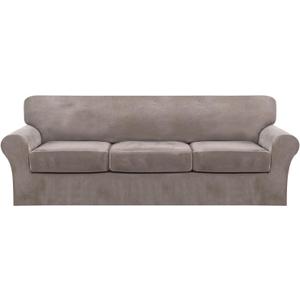 FantasDecor 4 Piece Sofa Velvet Couch Covers for 3 Cushion Stretch Slipcover with Individual Seat Cushion Elastic Furniture Protector for Pets, Machine Washable (Large Sofa, Taupe)