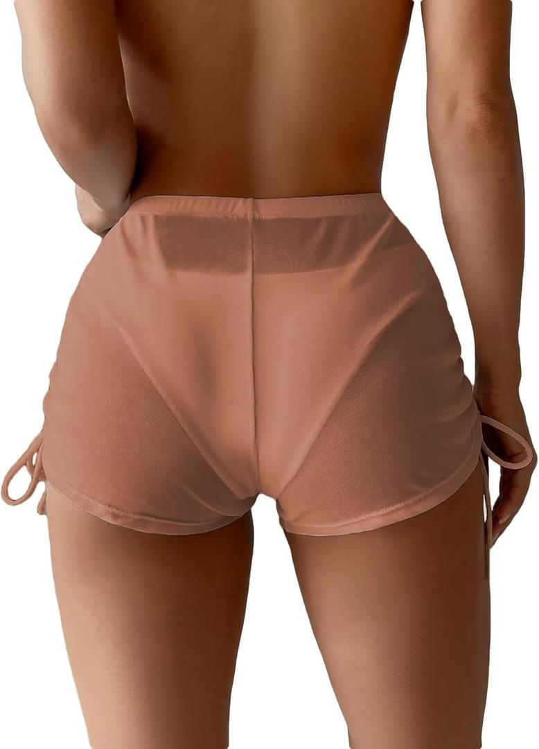Women's Drawstring Side Mesh Sheer Beach Summer Cover Up Shorts Bikini Bottoms (Medium, Dark Pink)