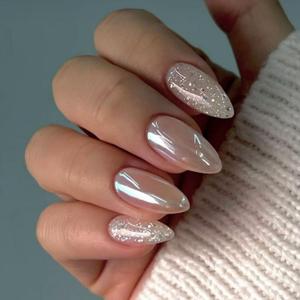24 Pcs Chrome Press on Nails Medium Almond Shaped Fake Nails with Silver Glitter Designs Sparkly Reusable Acrylic Nails Full Cover Glossy Stick on Nails for Women Nails Manicure Decoration (Style 13)